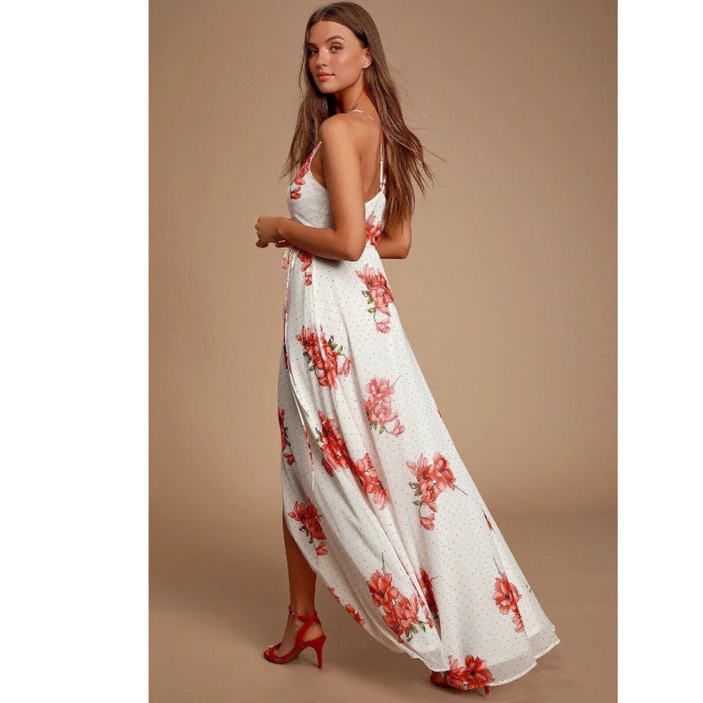 Lulu's Loiselle White / Red Floral Print Polka Dot Wrap Maxi Dress Size S *NWT*